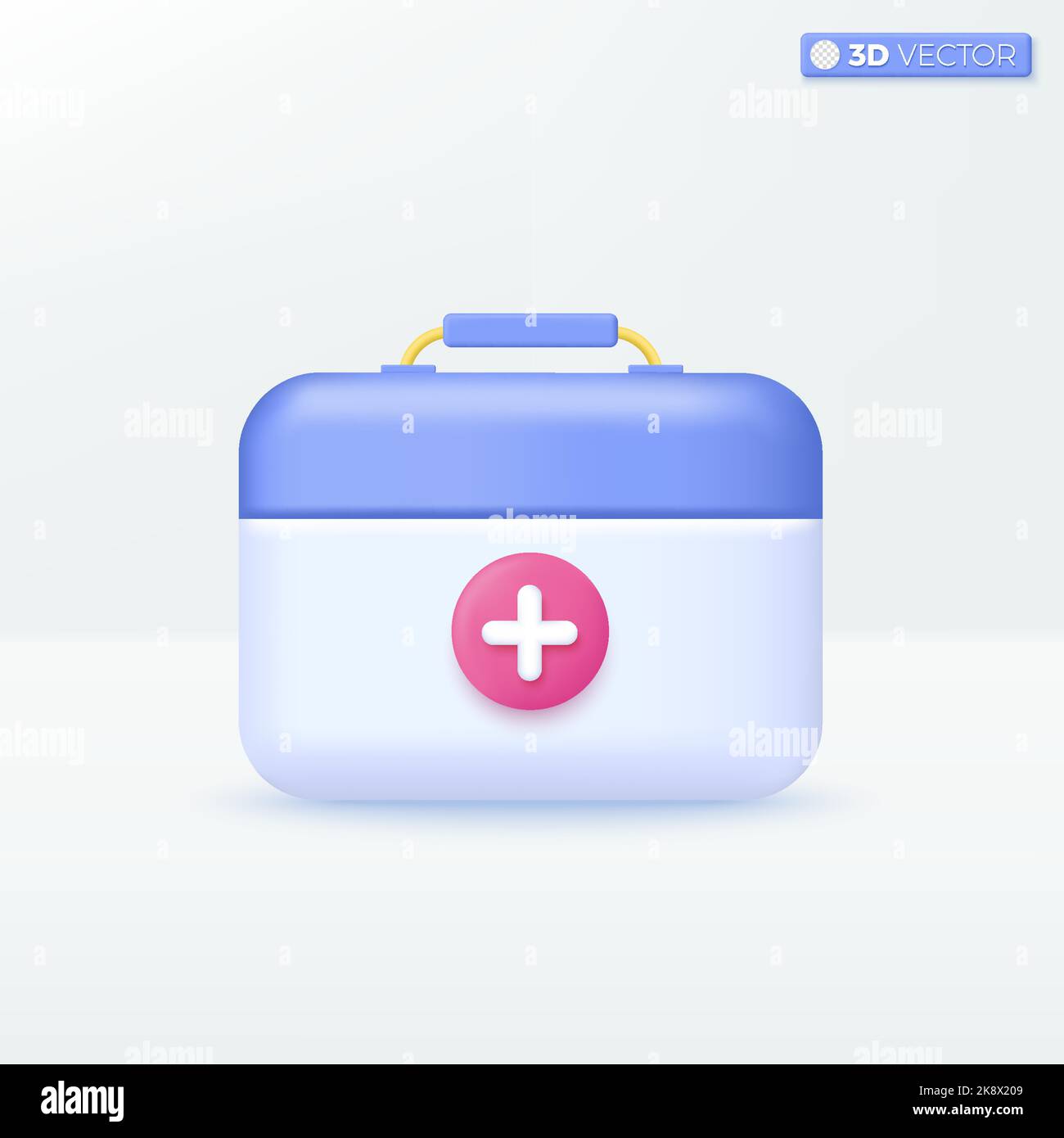 Scatola medica con simboli a croce. Pronto soccorso, farmacia, sanità, medicina concetto kit di pronto soccorso. Disegno di illustrazione con isolamento vettoriale 3D. Cartone animato Illustrazione Vettoriale