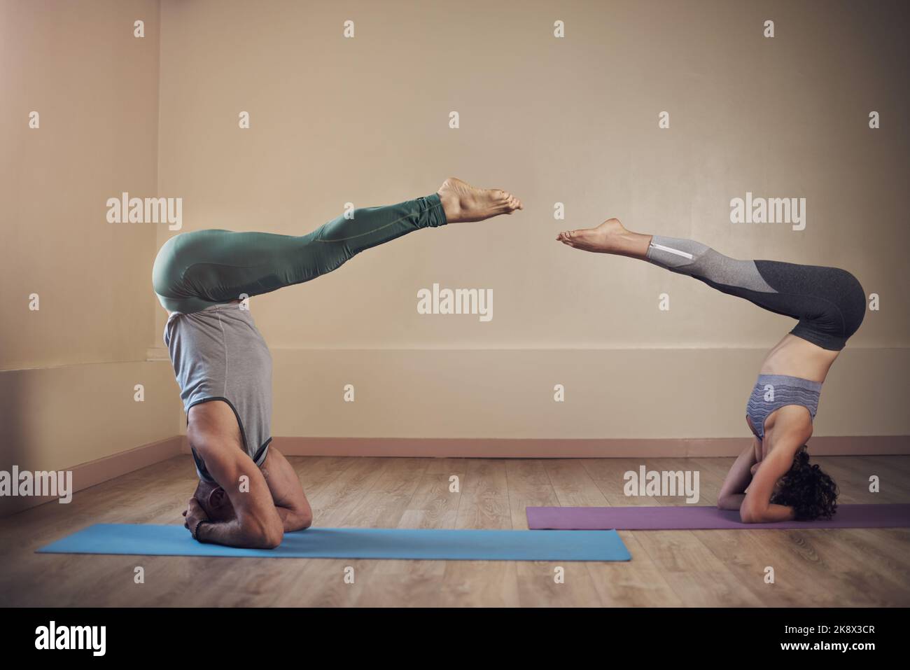 Il suo tutto sul controllo. Scatto a tutta lunghezza di due inriconoscibili yogi che reggono i cavalletti durante una sessione di yoga al coperto. Foto Stock