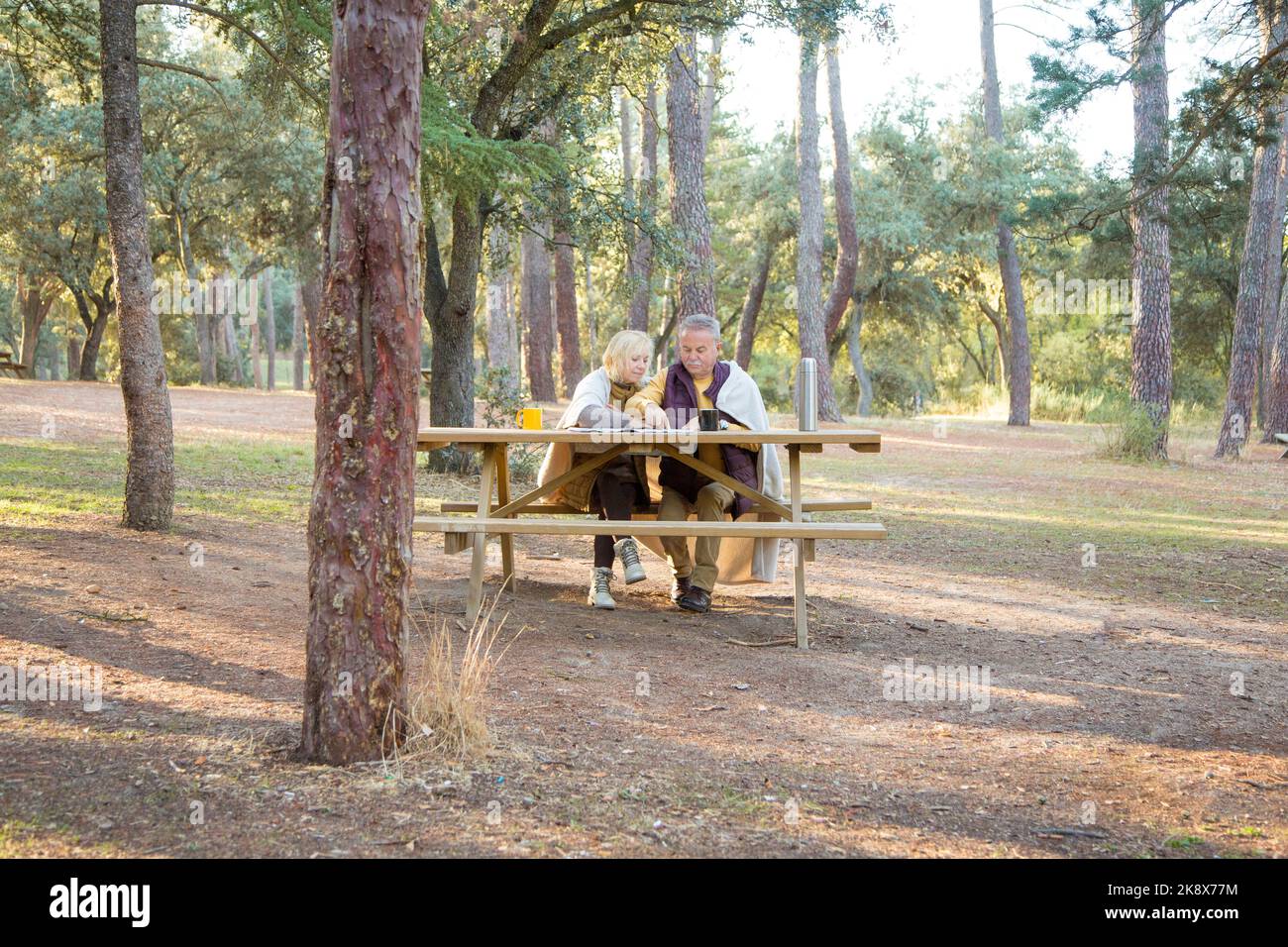 Foto con spazio copia di una coppia matura seduta in un'area pic-nic in montagna Foto Stock