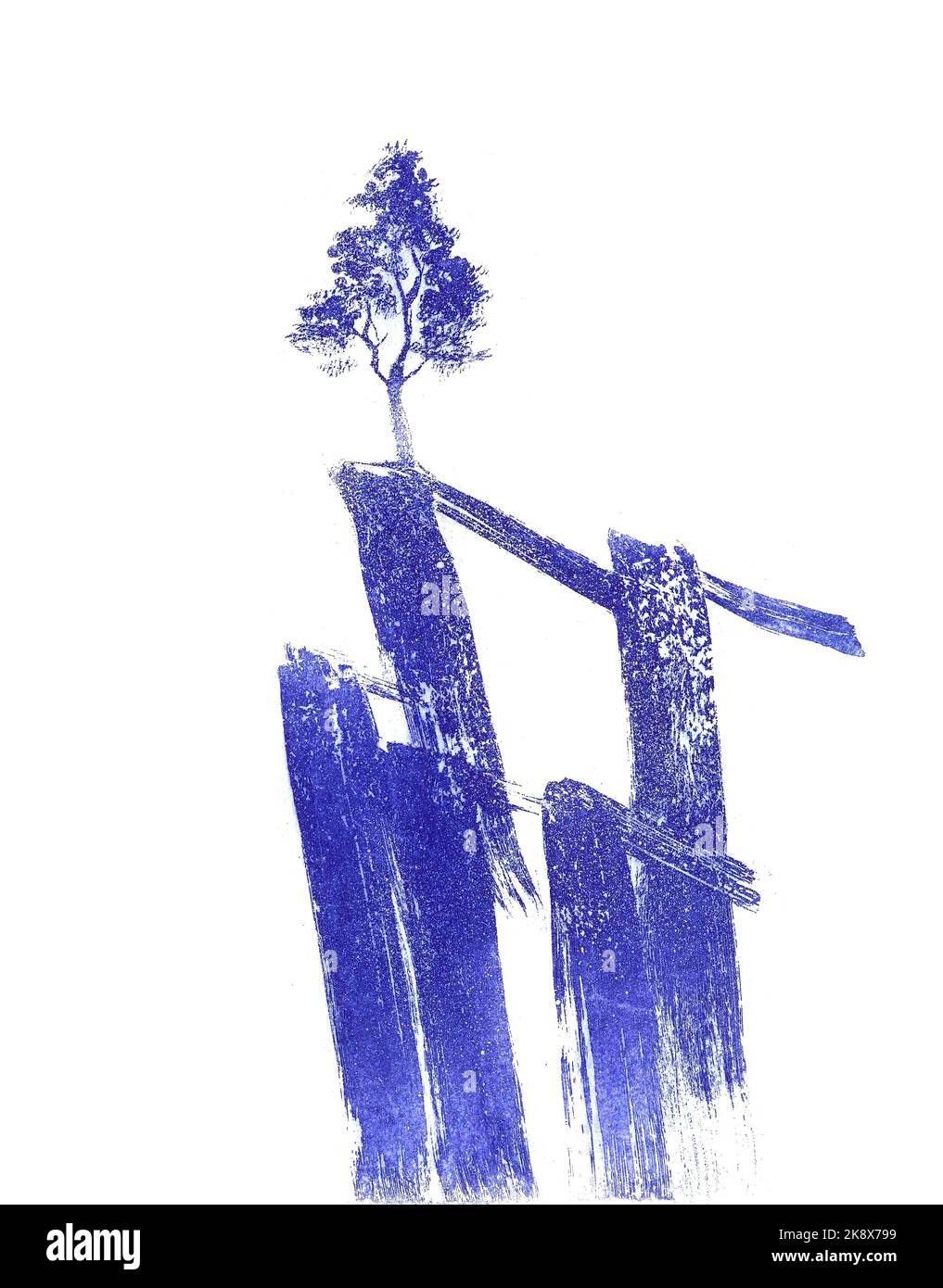 Incisione dell'albero in stile sumi-e in blu, tecnica della pittura dello zucchero Foto Stock
