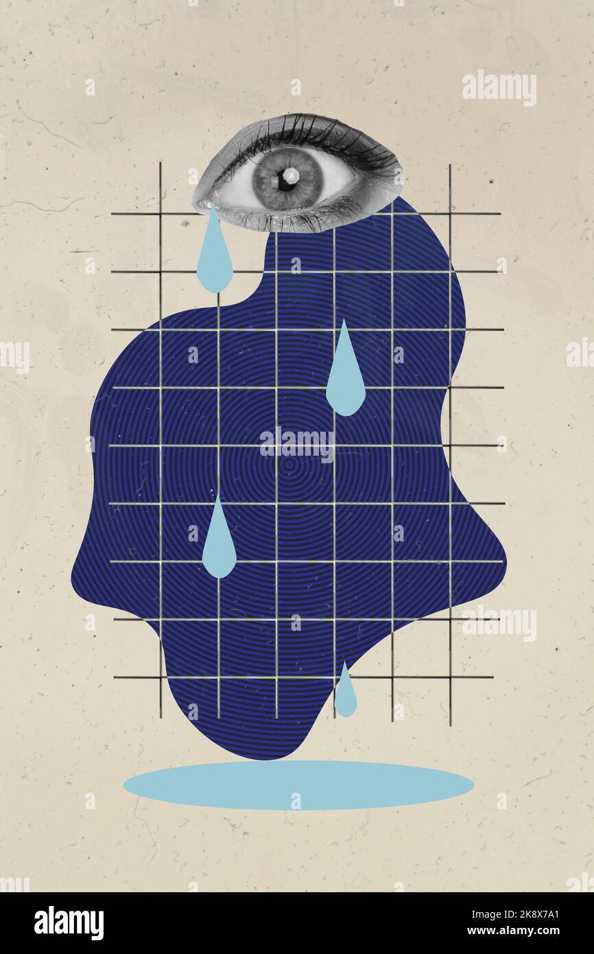 Immagine collage verticale dell'occhio umano effetto bianco nero pianto lacrima isolato su sfondo creativo Foto Stock