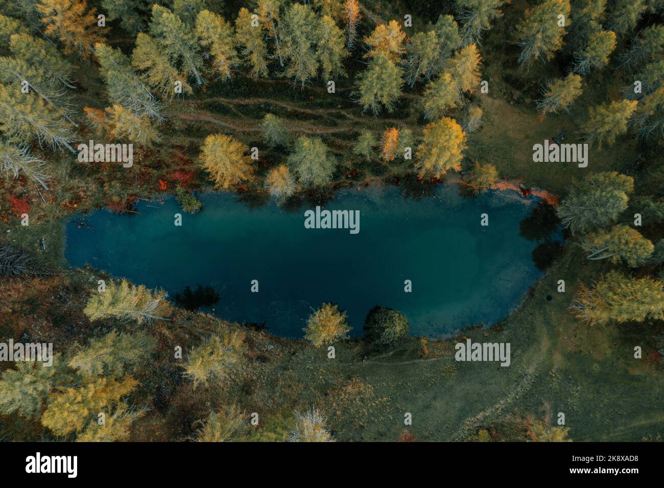 Lago delle Pere. Ein kleiner dunkelblauer See im Wald zur Herbstzeit. 1 Foto Stock