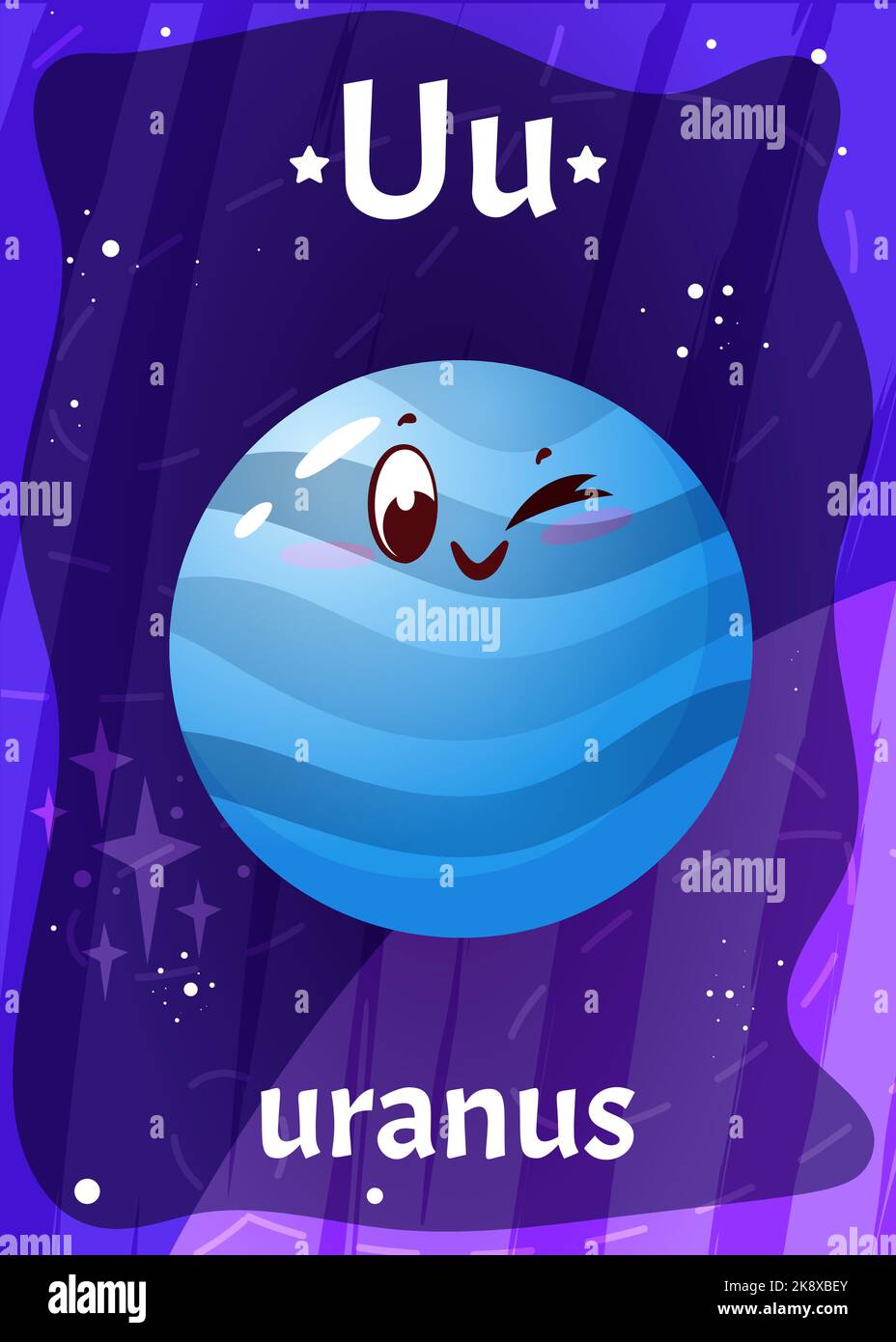 Carta flash dell'alfabeto dello spazio stampabile con lettera U. Cartoon pianeta uranus carino nel sistema solare con il nome inglese della parola sulla scheda flash per l'istruzione dei bambini. Carte bambini per insegnare la lettura in prescolare. Illustrazione Vettoriale