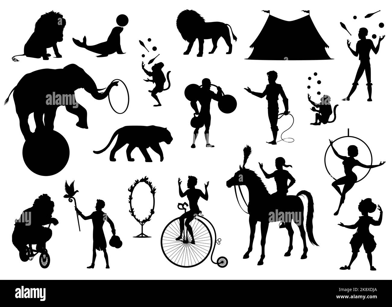 Circo o cappiteau silhouette nere con vettore carnevale top tenda, clown, acrobata e animali. Ragazza trapezio, giocoliere elefante e scimmia, mago, uomo forte e leone, parco divertimenti, design del parco giochi Illustrazione Vettoriale