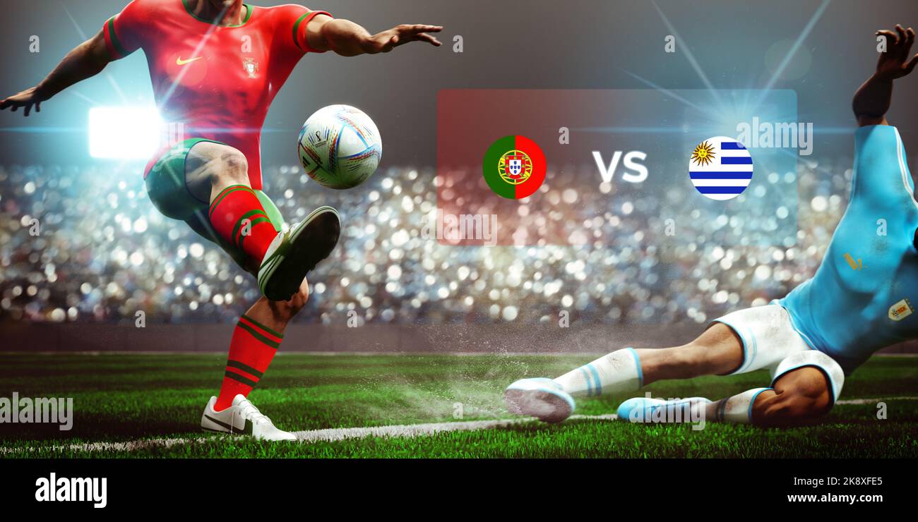 Guilherand-Granges, Francia - 25 ottobre 2022. Calcio calciatore slide tackle per il possesso della palla. Portogallo vs Uruguay. Rendering 3D. Foto Stock