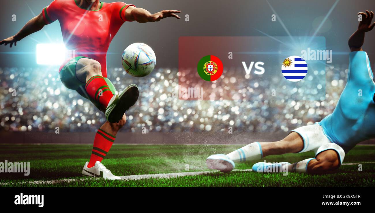 Calcio calciatore slide tackle per il possesso della palla. Partita : Portogallo vs Uruguay. Rendering 3D. Foto Stock