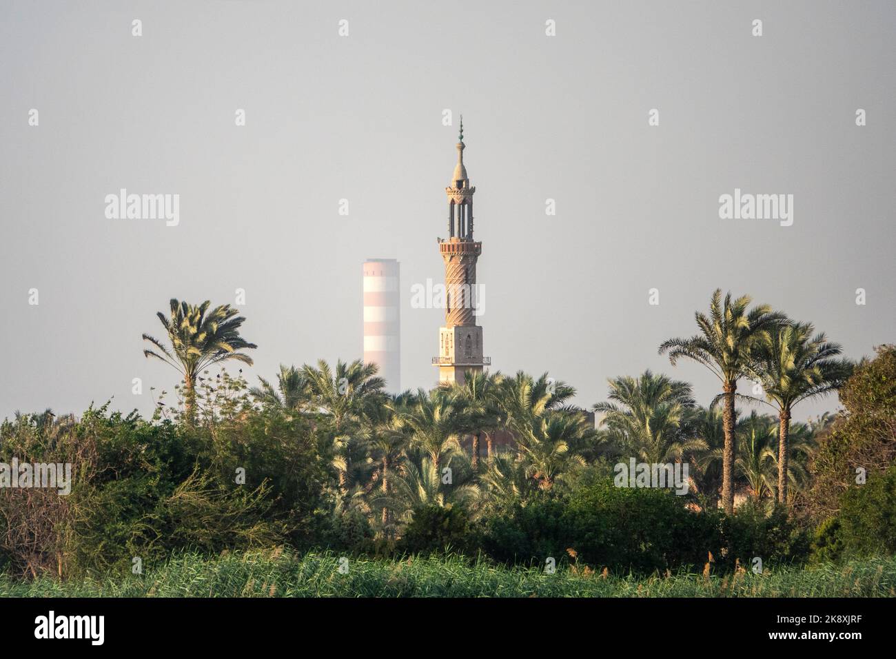 Un minareto sulle rive del fiume Nilo circondato da palme da datteri ma con un camino industriale in lontananza Foto Stock
