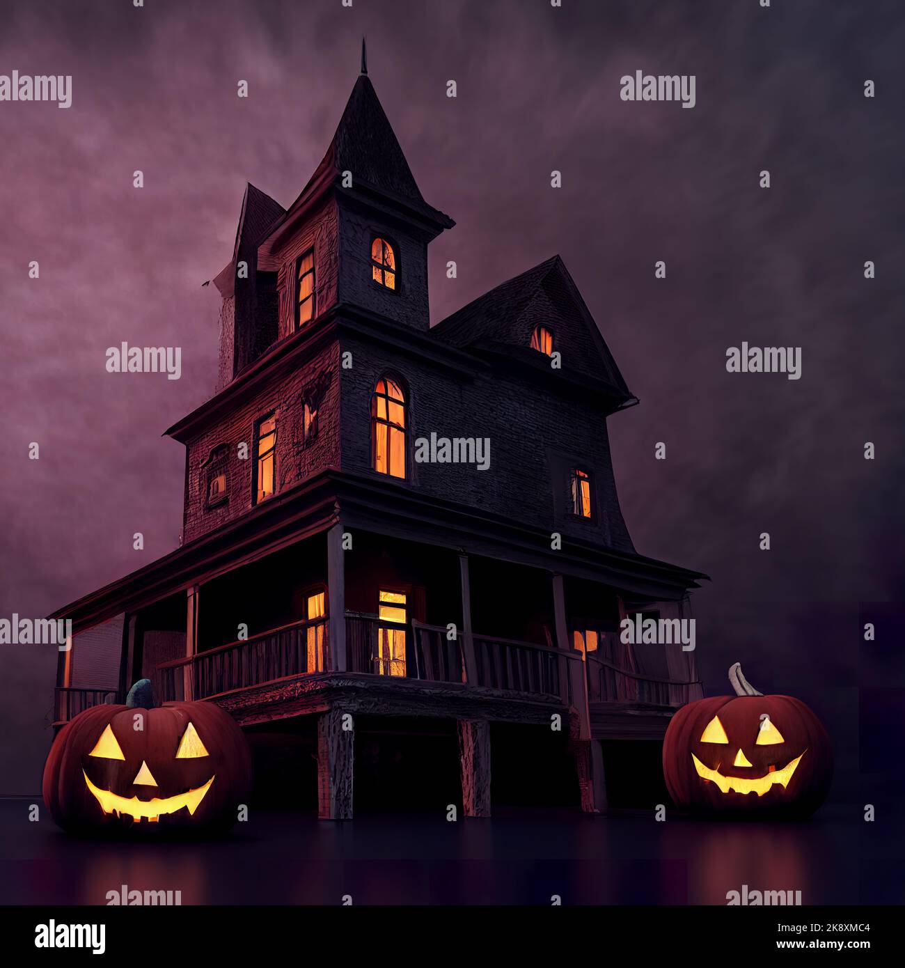 Uno sfondo di Halloween 3D con zucche e la casa infestata Foto Stock