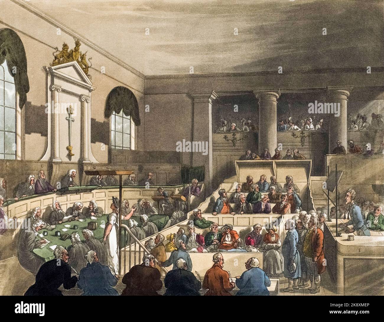 Vecchio Bailey. Circa 1808. Dopo un lavoro di August Pugin e Thomas Rowlandson nel microcosmo di Londra, pubblicato in tre volumi tra il 1808 e il 1810 da Rudolph Ackermann. Pugin era l'artista responsabile degli elementi architettonici nelle immagini del microcosmo; Thomas Rowlandson fu assunto per aggiungere le figure umane vivaci. Foto Stock