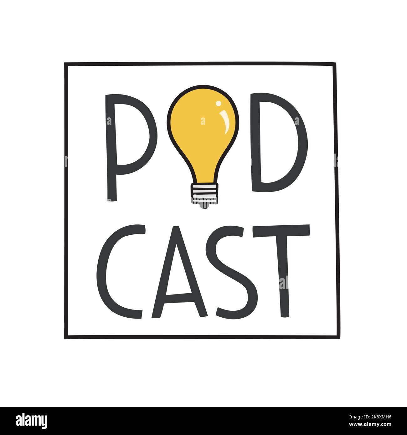 Modello di copertina per podcast con lettere. Illustrazione vettoriale con lampadina, testo Illustrazione Vettoriale