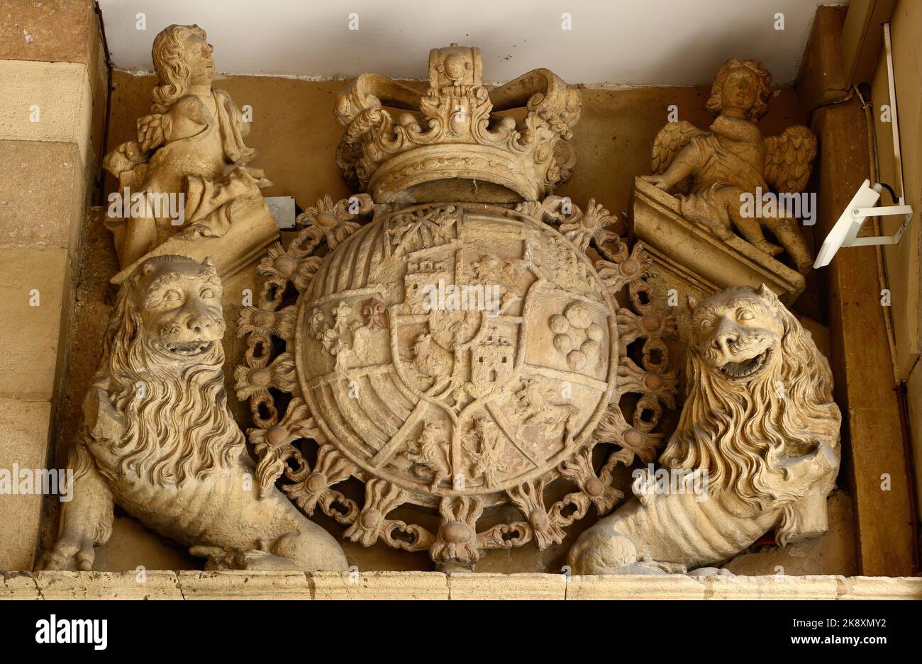 Stemma in pietra scolpita con leoni e corona Oviedo Asturias Spagna Foto Stock