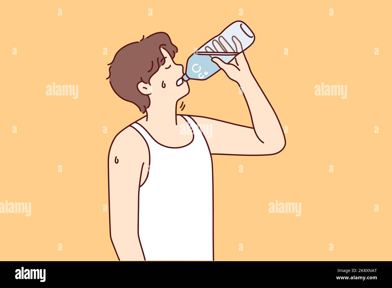 Un giovane assetato soffre di colpo di calore e beve acqua dalla bottiglia. Guy godere pulito ancora liquido lotta con sete o calore. Illustrazione vettoriale. Illustrazione Vettoriale