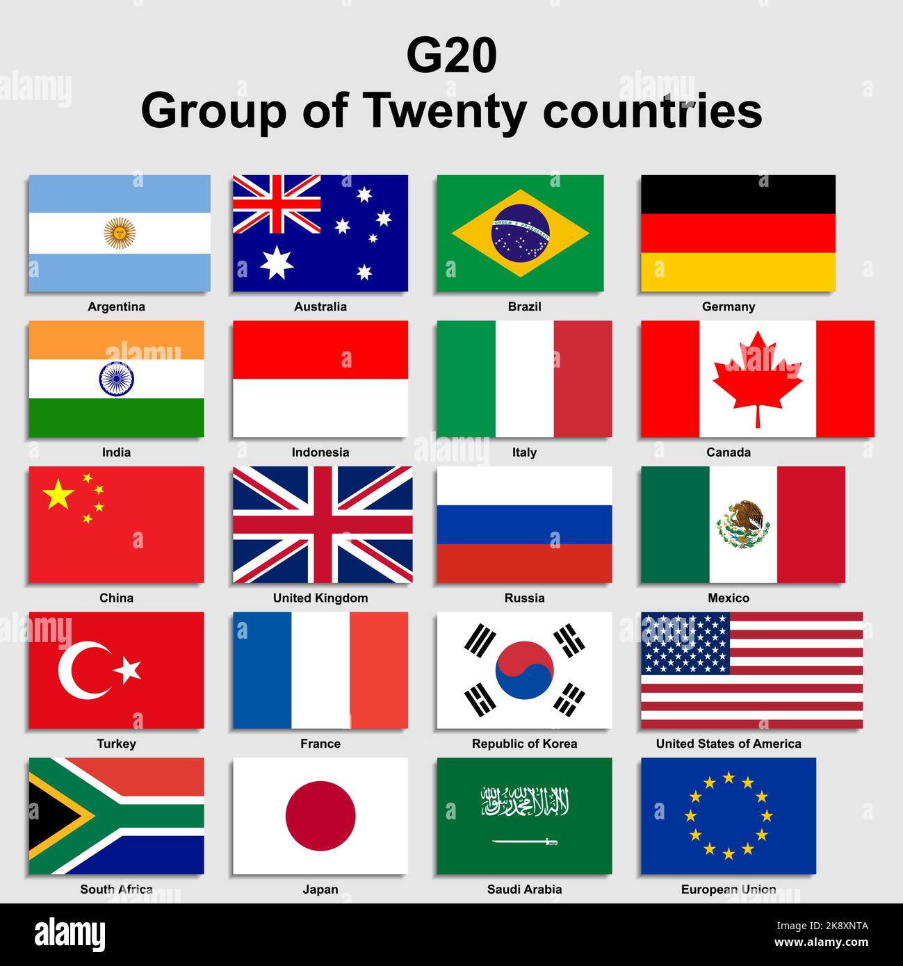Impostare i flag G20 con i nomi. Illustrazione vettoriale Illustrazione Vettoriale
