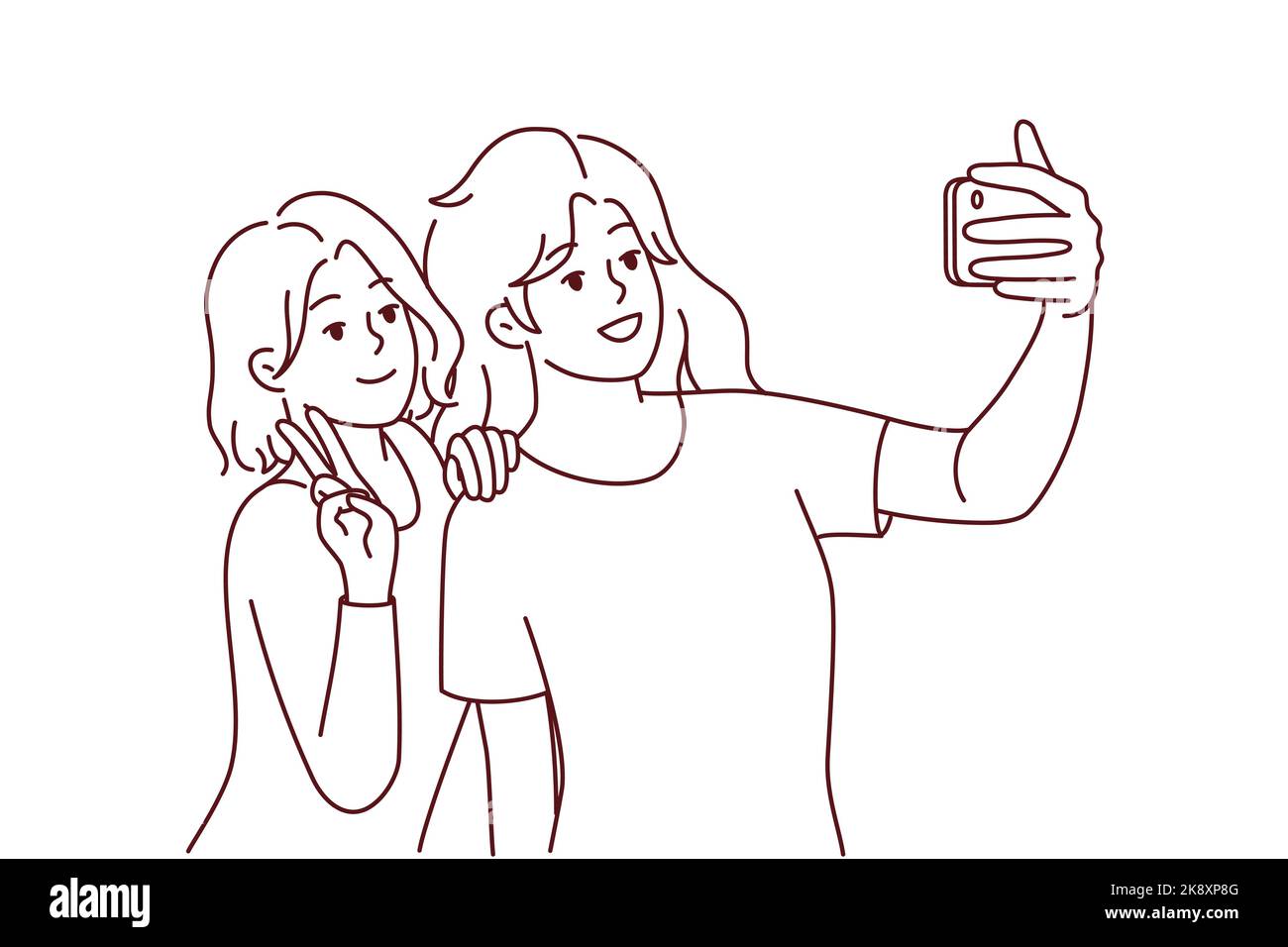Ragazze sorridenti che fanno selfie sullo smartphone insieme. Le donne felici si divertono a scattare foto autoritratto su una moderna fotocamera del cellulare. Illustrazione vettoriale. Illustrazione Vettoriale