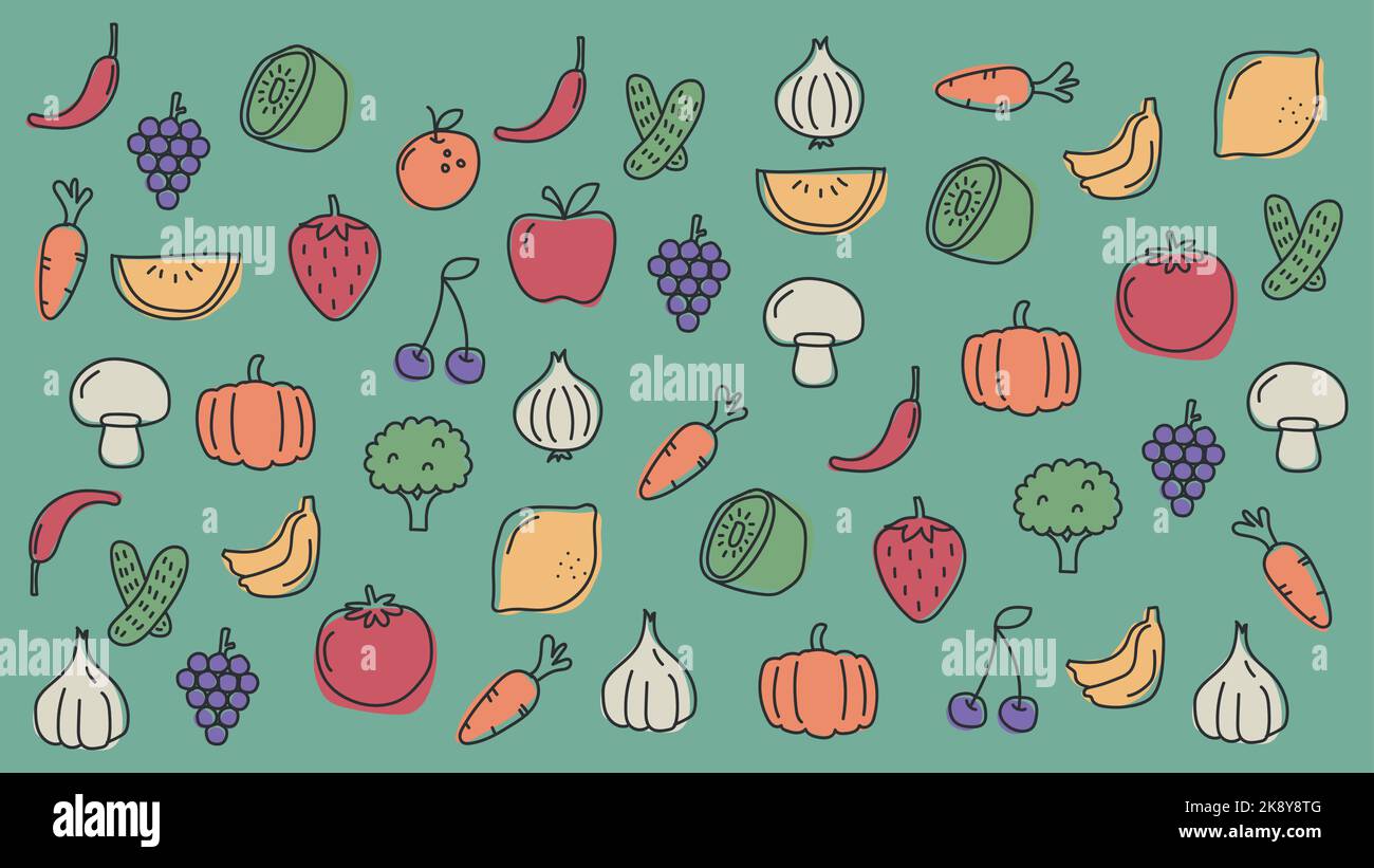 Un vettore di un insieme di verdure e frutta Illustrazione Vettoriale