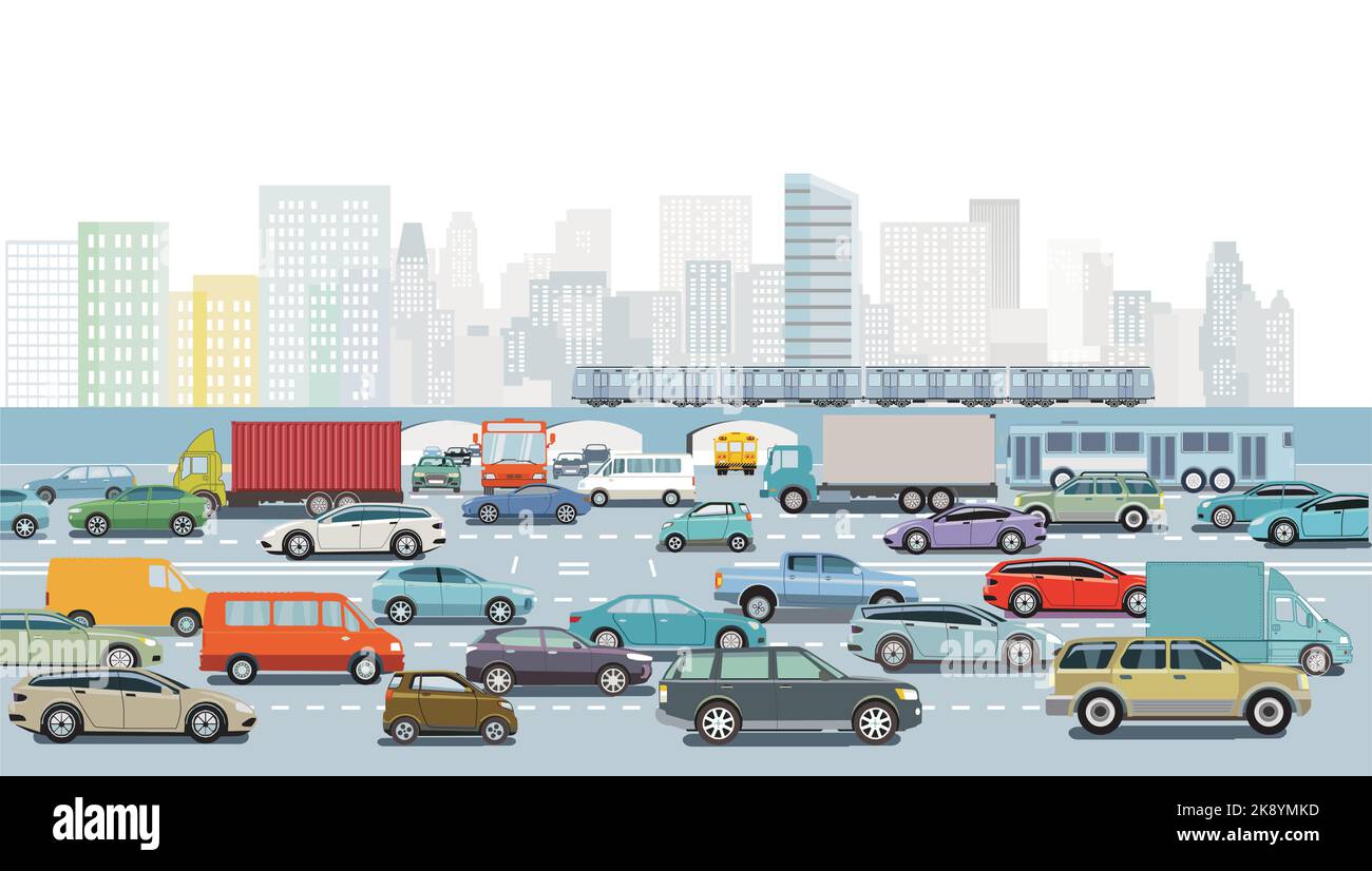 Auto al crocevia in ingorgo nel traffico in grande città illustrazione Illustrazione Vettoriale