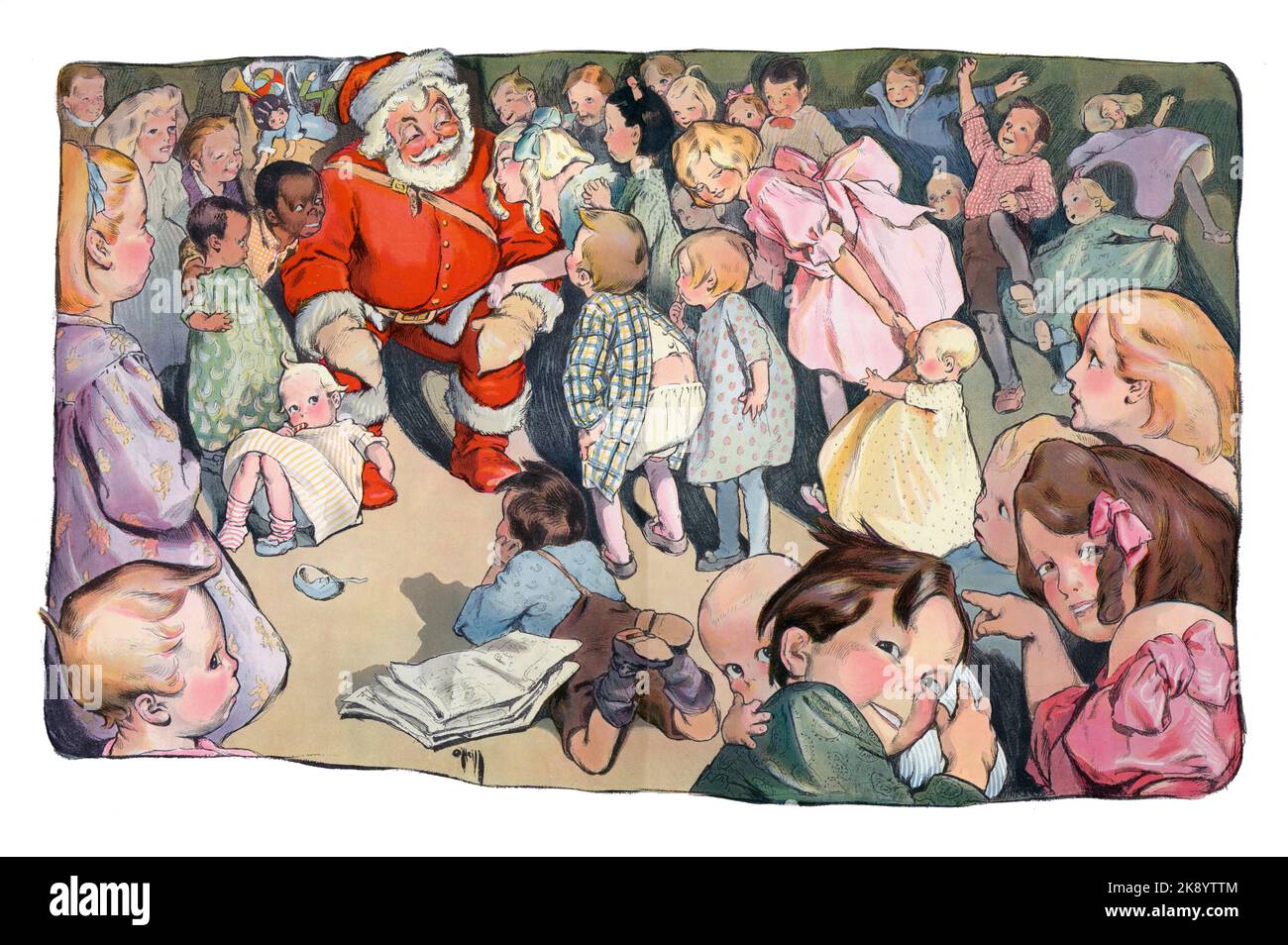 PUCK Spread - quando tutti crediamo - l'illustrazione mostra molti bambini riuniti intorno a Babbo Natale e la sua borsa di giocattoli - Rose Cecil o'Neill 1903 Foto Stock