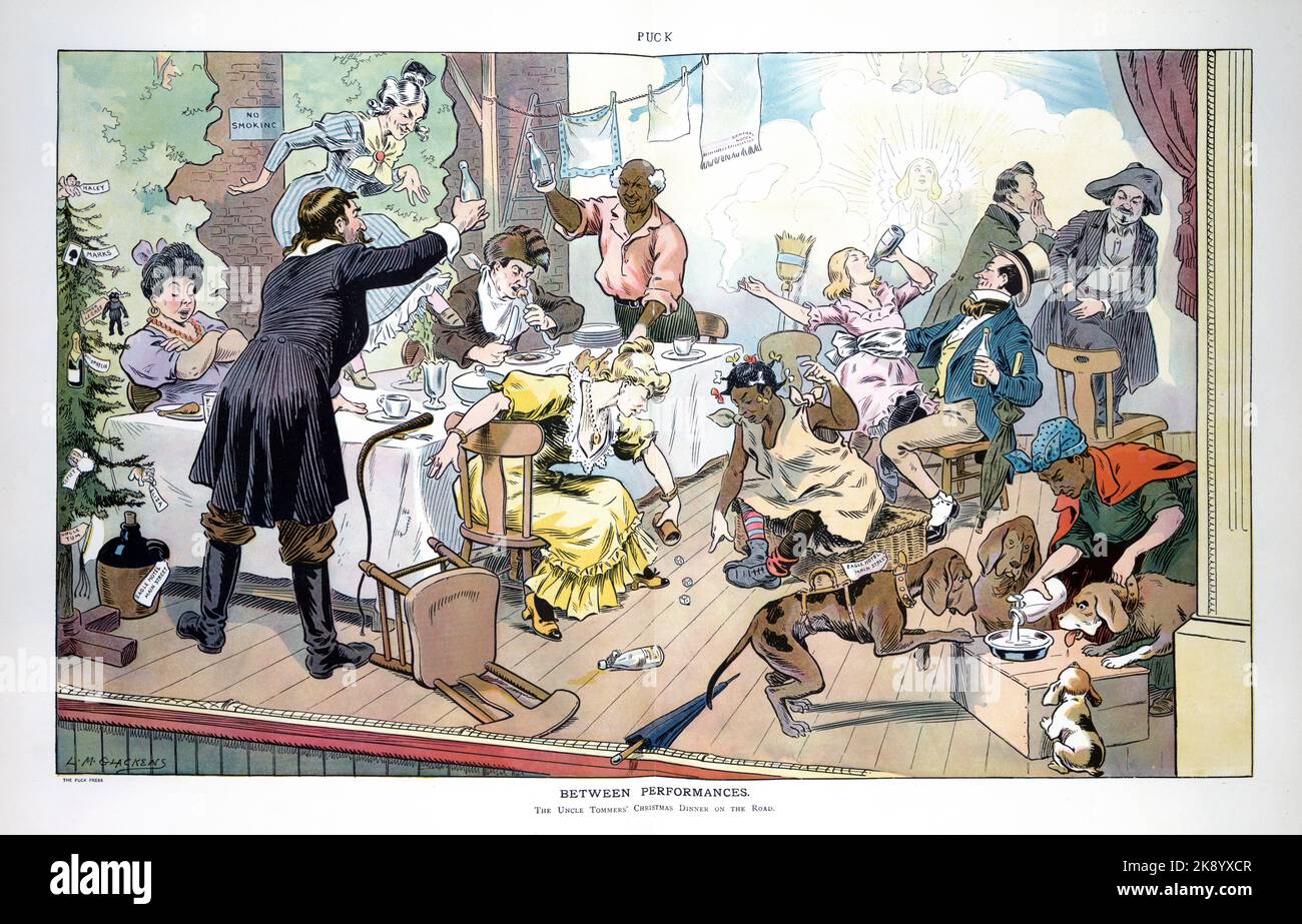 PUCK spread - tra le performance - L.M. Glackens - 1907 - l'illustrazione mostra una scena su un palco con un grande tavolo e molti attori e attrici impegnati in varie attività Foto Stock