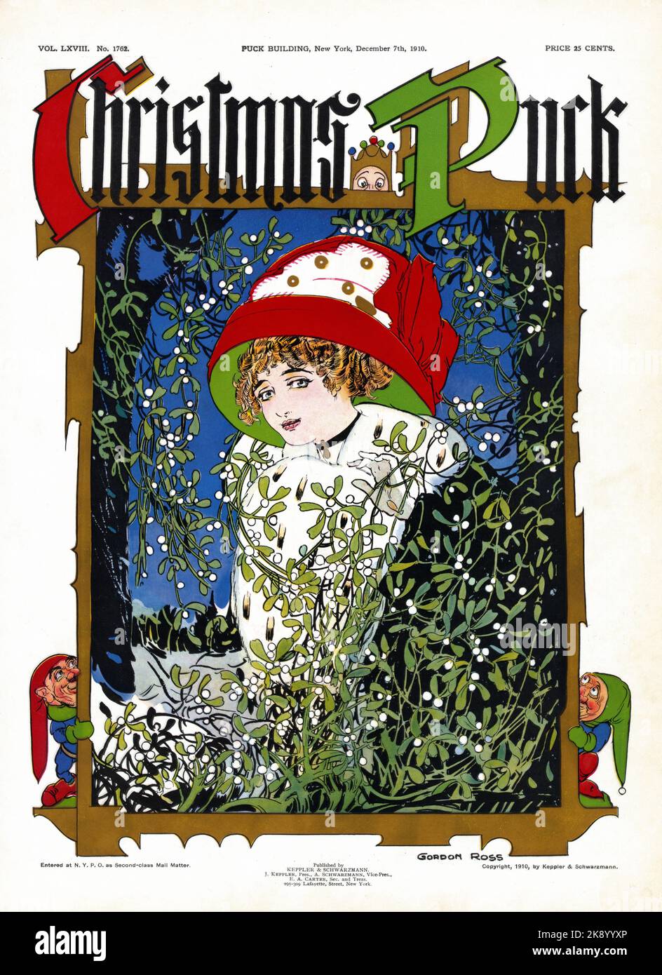 Christmas Puck - Gordon Ross, 1873-1946, artista - Una bella giovane donna che indossa un grande cappello rosso e verde, in piedi tra mistletoe Foto Stock