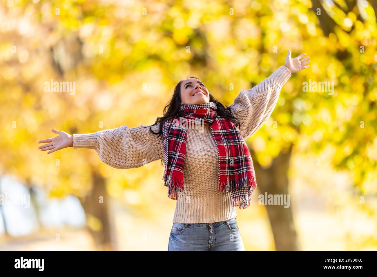 Una bella giovane donna gode dell'atmosfera della colorata natura autunnale. Foto Stock