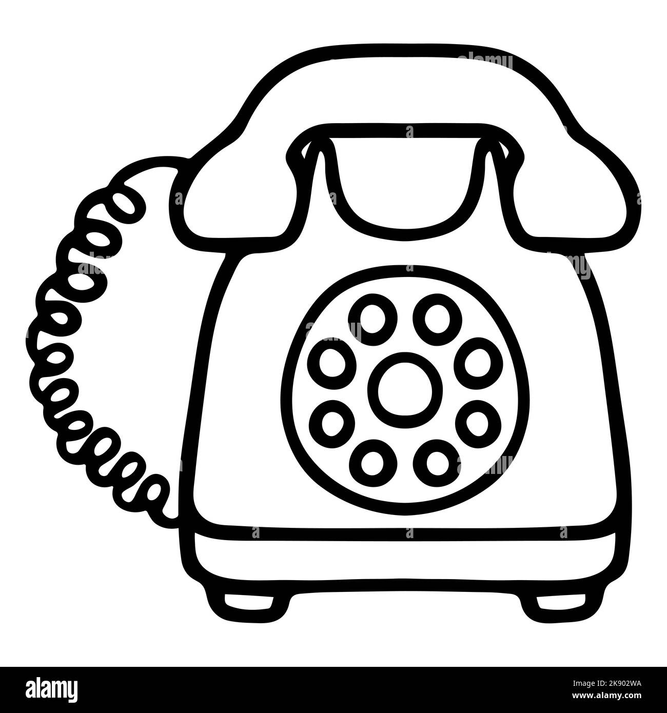 Telefono fisso. Schizzo. Generatore di chiamata rotante. Un dispositivo per effettuare e ricevere chiamate. Illustrazione vettoriale. Contorno su sfondo isolato. Stile Doodle. Illustrazione Vettoriale