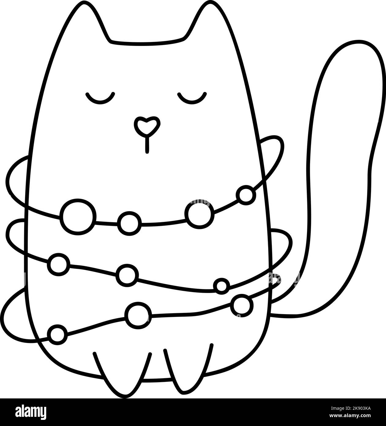 Carino bambino cartone animato gatto vettore avvolto in ghirlanda di Natale. Linee bianche e nere. Doodle in stile scandinavo per il nuovo anno. Risorsa grafica per grafica Illustrazione Vettoriale