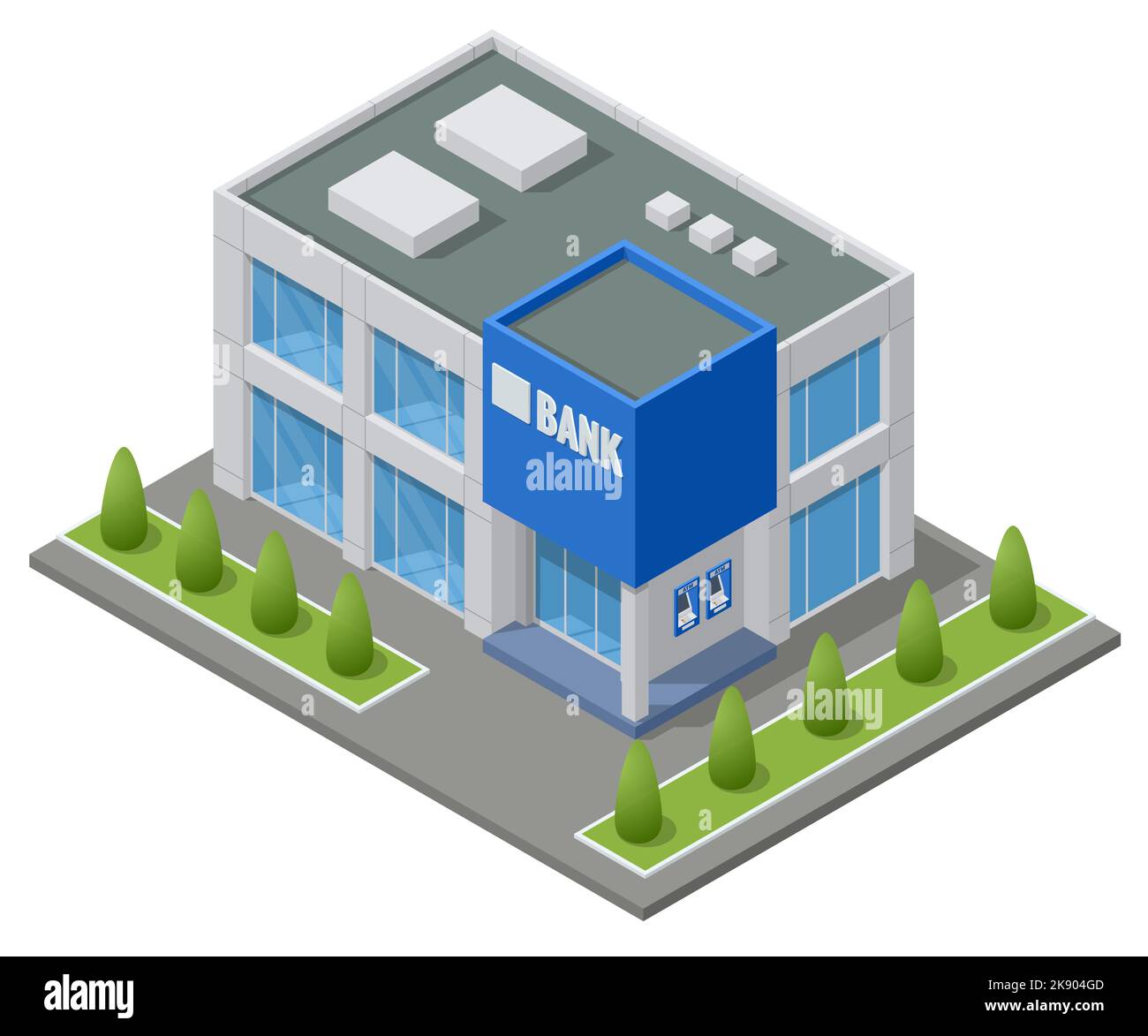 Edificio Isometric Bank Branch Office isolato su bianco. Centro finanziario. City Bank Building sulla strada Illustrazione Vettoriale