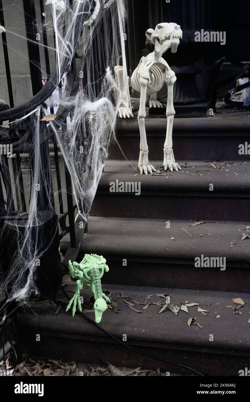 Mostra di Halloween spettrale all'esterno di una pietra marrone nella sezione di Murray Hill di New York City, 2022, New York City, USA Foto Stock