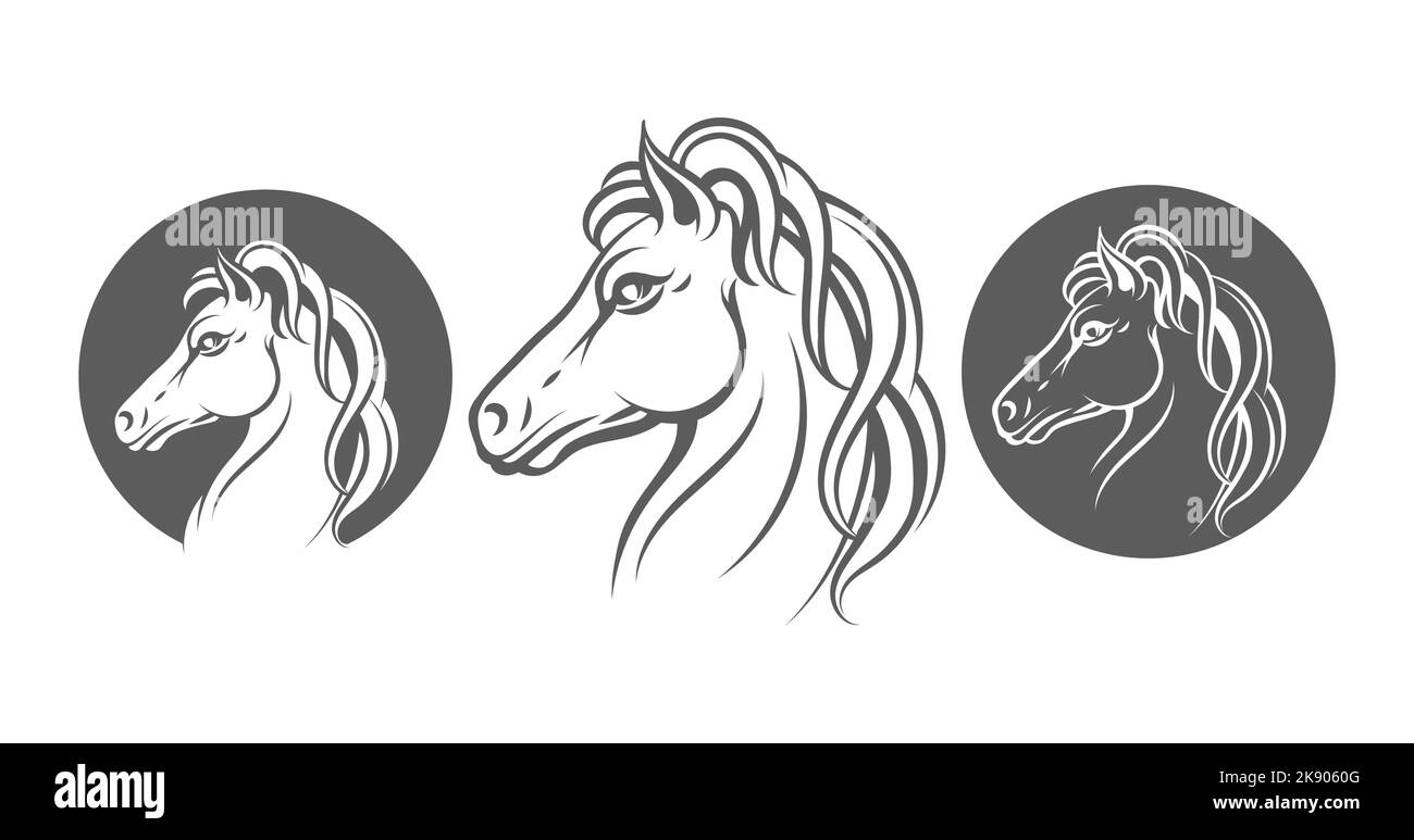 Set di icone monocromatiche della testa di cavallo isolate su bianco. Illustrazione vettoriale. Illustrazione Vettoriale