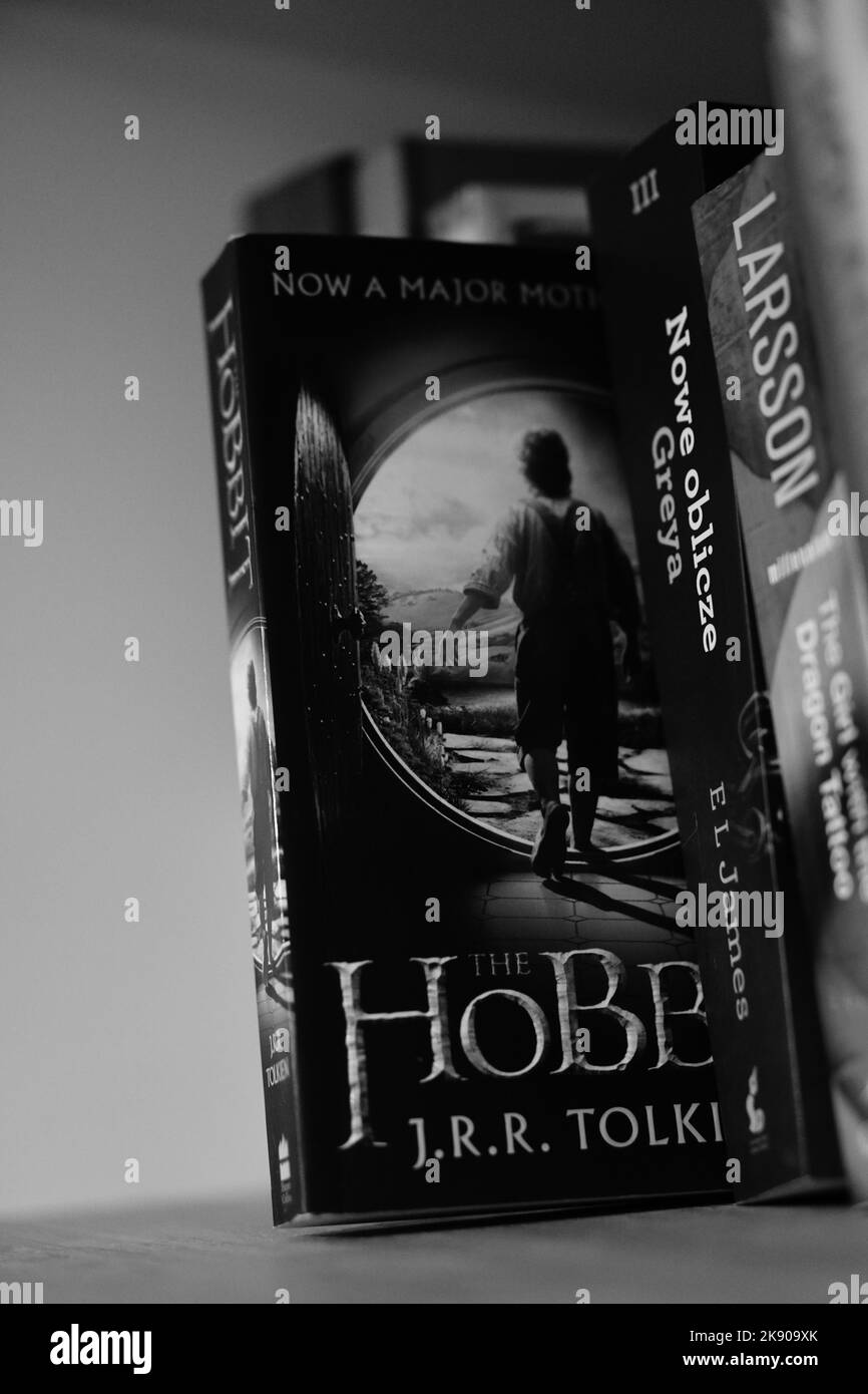 Un primo piano verticale in scala di grigi del romanzo di J. R. R. Tolkien The Hobbit su uno scaffale. Foto Stock