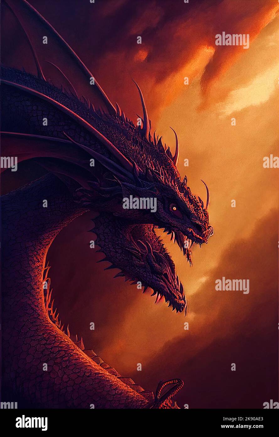 Un'illustrazione di un drago fantasy malvagio pronto a combattere Foto Stock