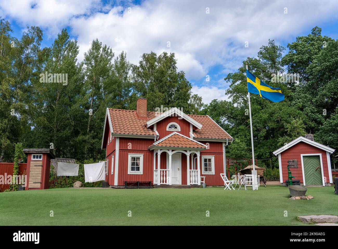 La fattoria di Katthult dal romanzo 'quell'Emila' nel parco a tema 'Astrid Lindgren World' a Vimmerby, Svezia Foto Stock