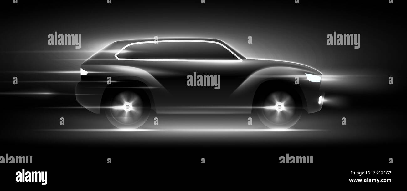 Auto SUV nera in rapido movimento con linee del vento che corrono ad alta velocità nella notte nebbia, illustrazione vettoriale. Banner orizzontale per auto in bianco e nero di stile di lusso. Illustrazione Vettoriale