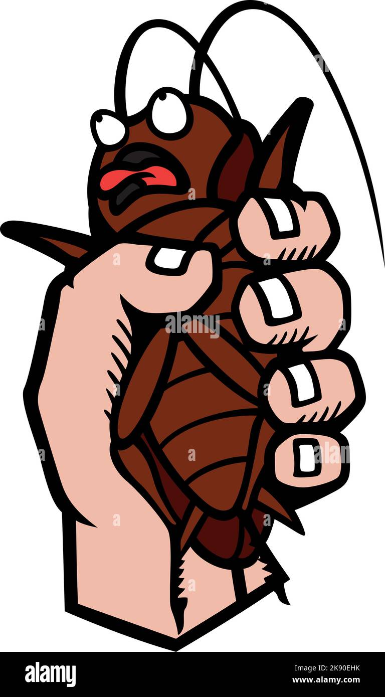 Illustrazione di un Cockroach spaventato con occhi e lingua gonfie catturati da una mano Illustrazione Vettoriale