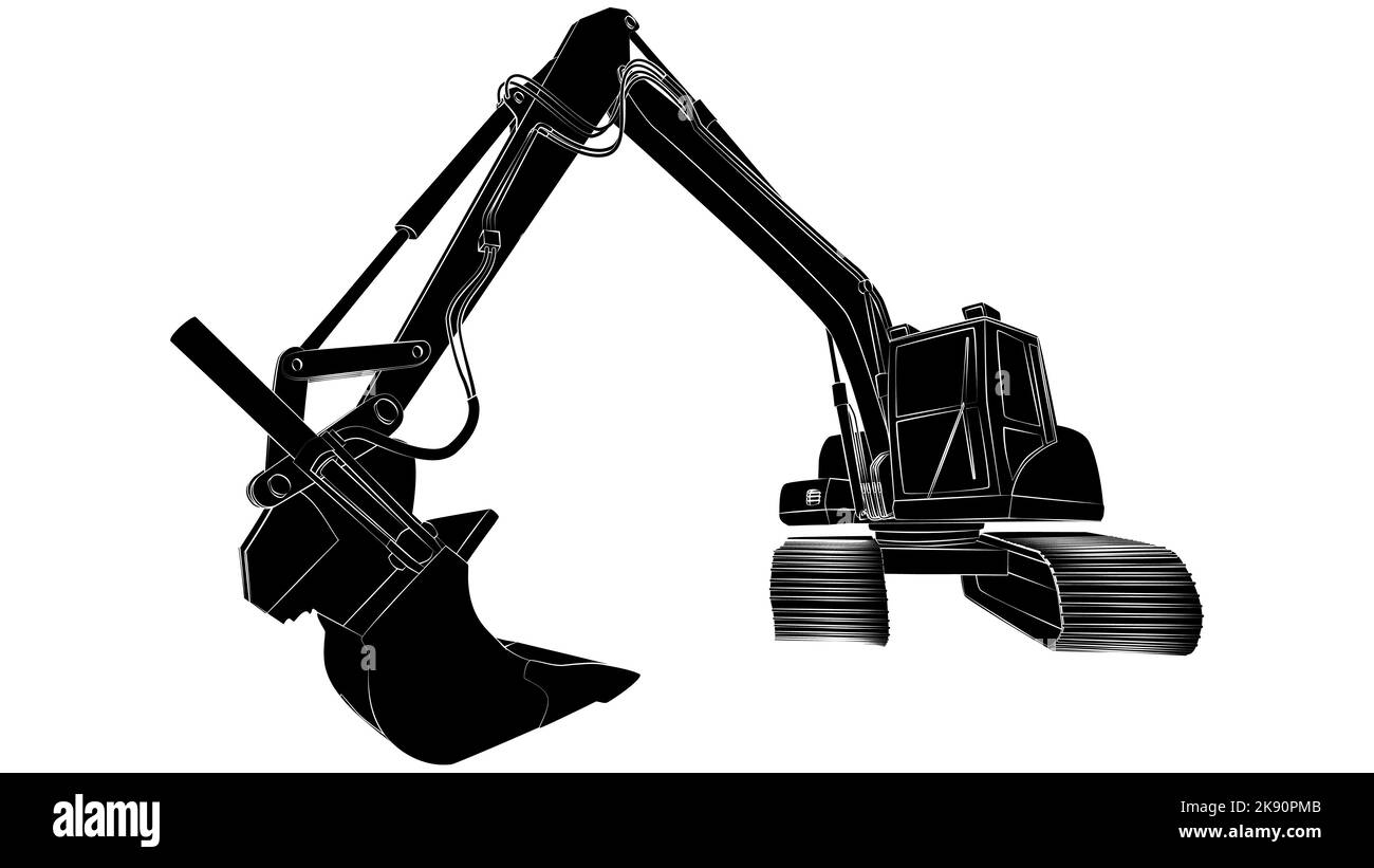 Escavatore silhouette nera in prospettiva isolata. Elemento di disegno vettoriale. Illustrazione Vettoriale