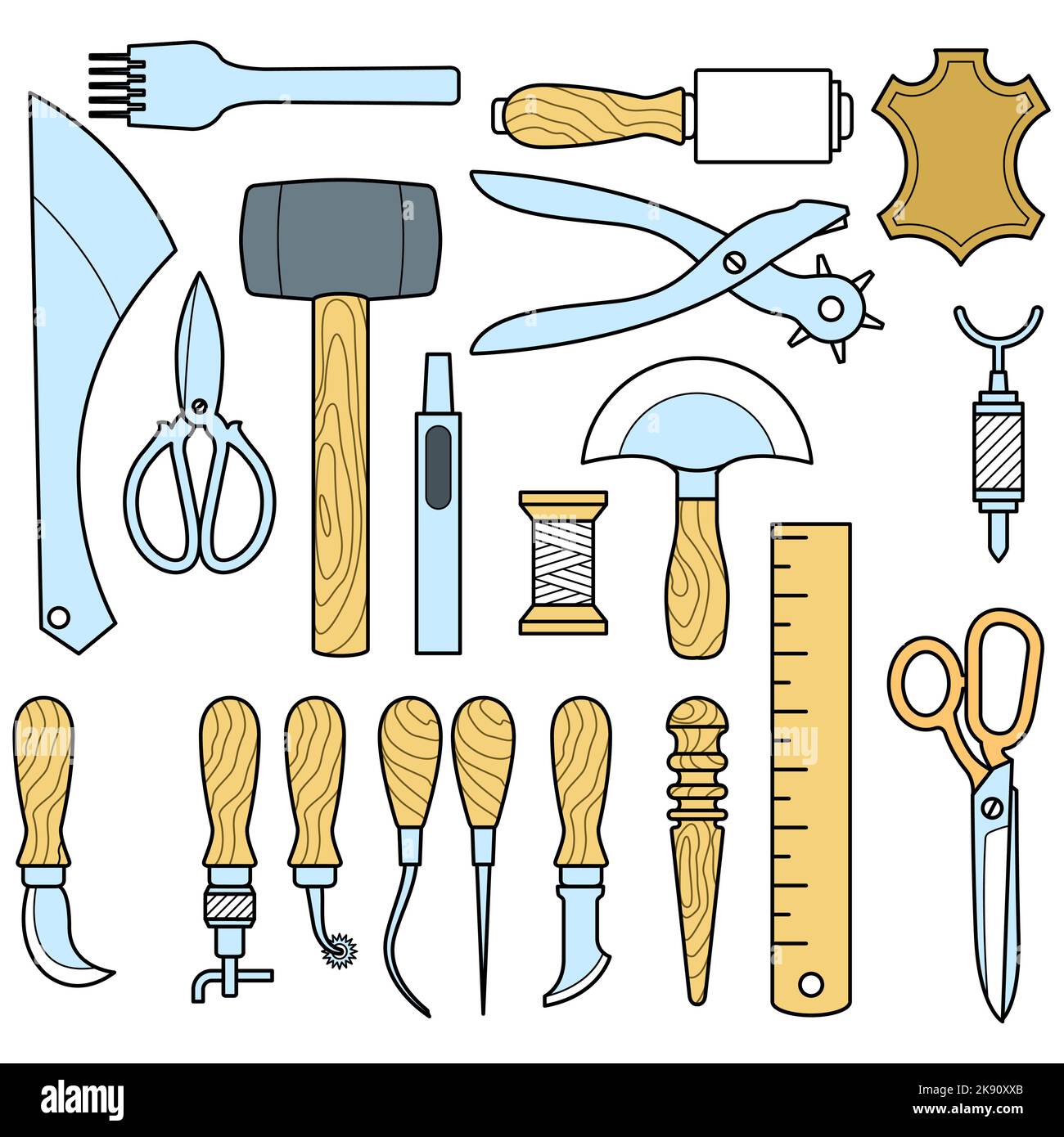 Set di utensili da lavoro per artigianato in pelle, utensili da calzolaio per artigianato, vettoriale Illustrazione Vettoriale