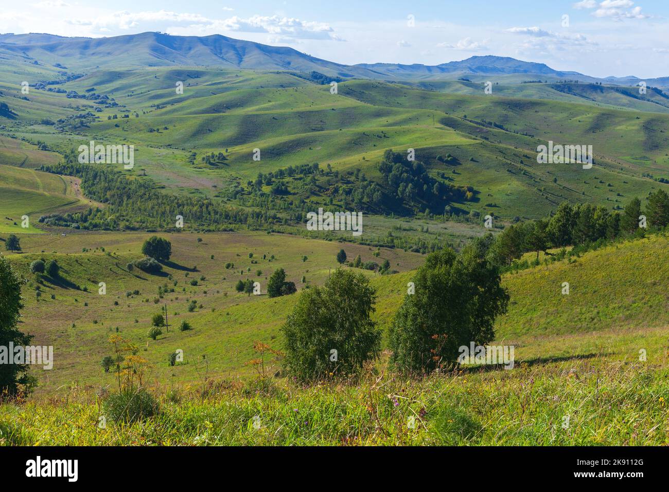 Foto di paesaggio estivo delle montagne di Altai presa dalla cima della montagna del dito di Devils Foto Stock