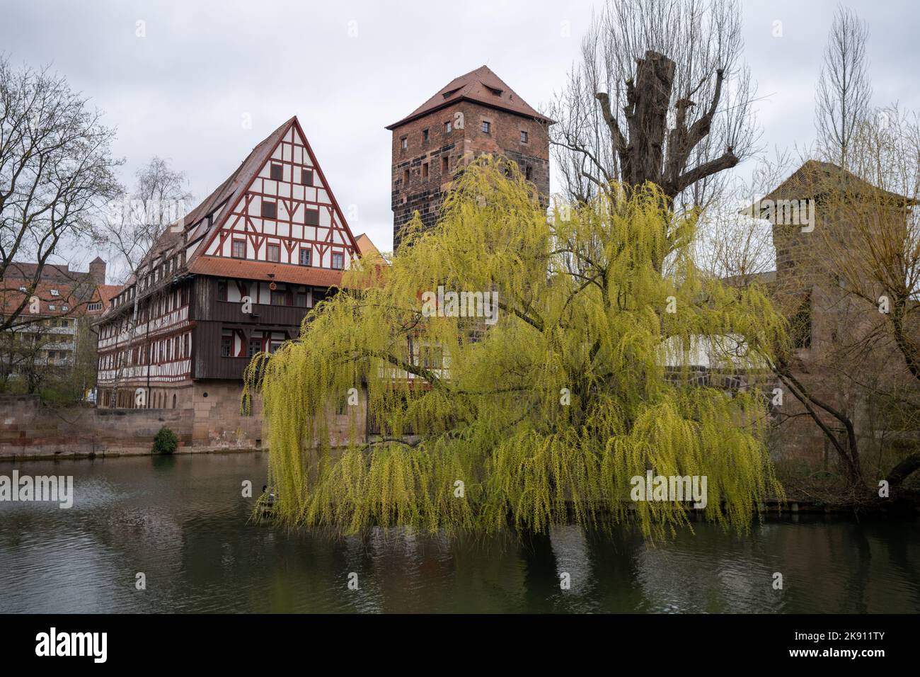 I vecchi edifici sulla riva del fiume Pegnitz. Norimberga, Germania. Foto Stock