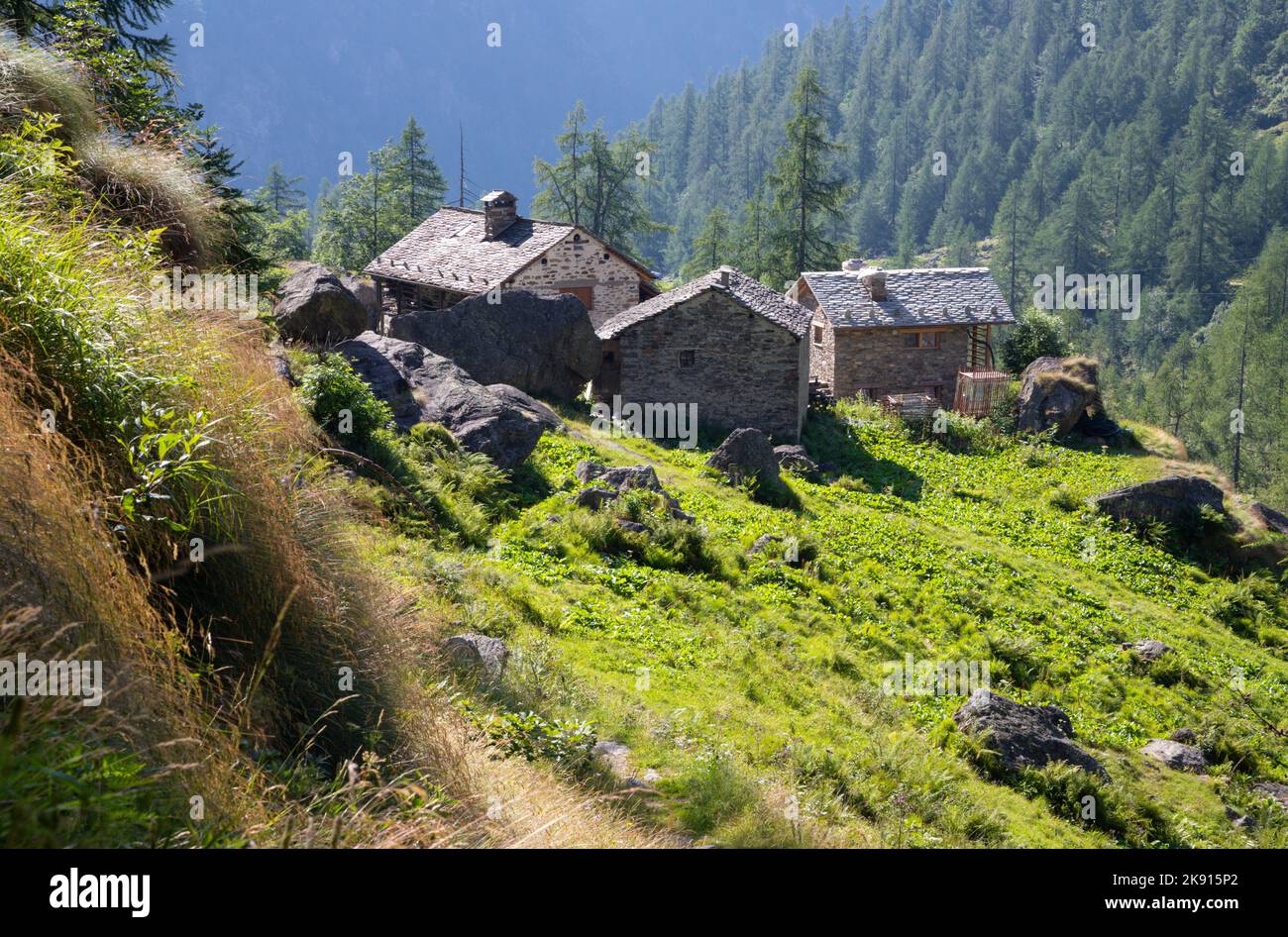 I vecchi chalet al mattino luce - Valsesia valle - Italia. Foto Stock