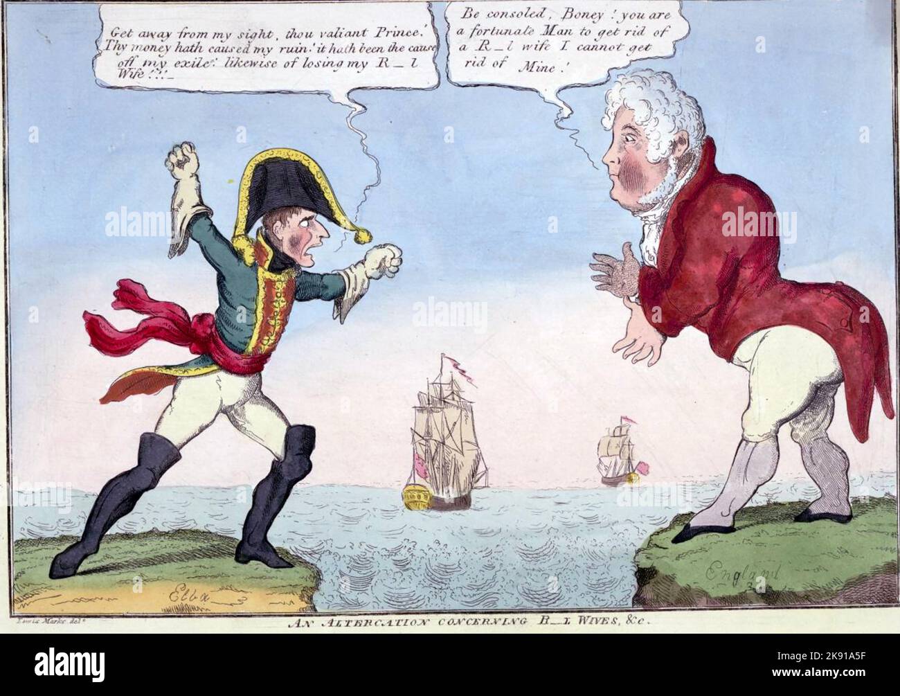 NAPOLEONE discute con il Principe Reggente in un cartone animato del 1814 intitolato un'altercatione. Napoleone si trova sull'isola d'Elba lamentandosi di essere stato separato dalla moglie. Il Principe Reggente si lamenta di non poter sbarazzarsi di sua moglie. Foto Stock