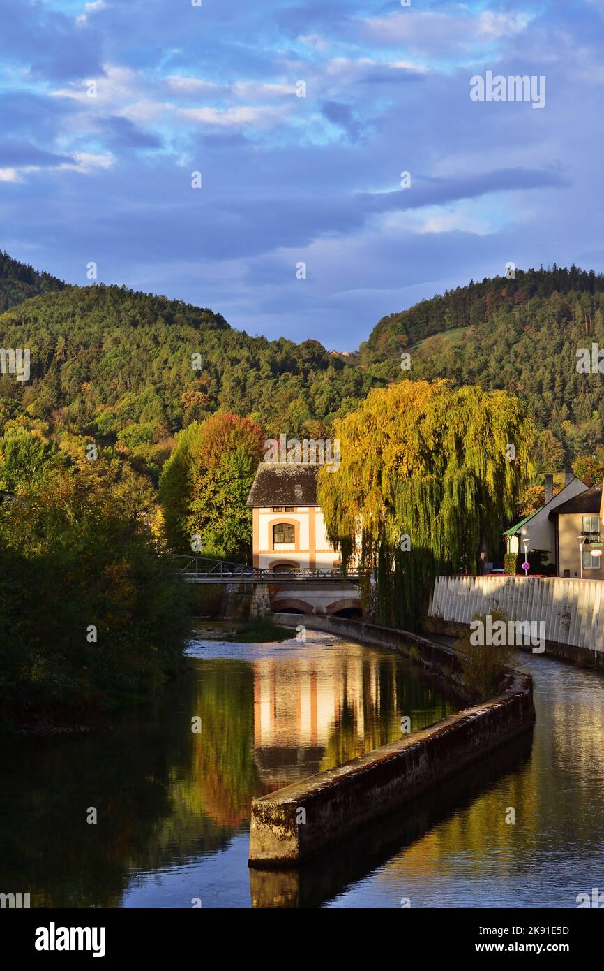 Riflessioni autunnali a Gloggnitz, Austria, verticale Foto Stock