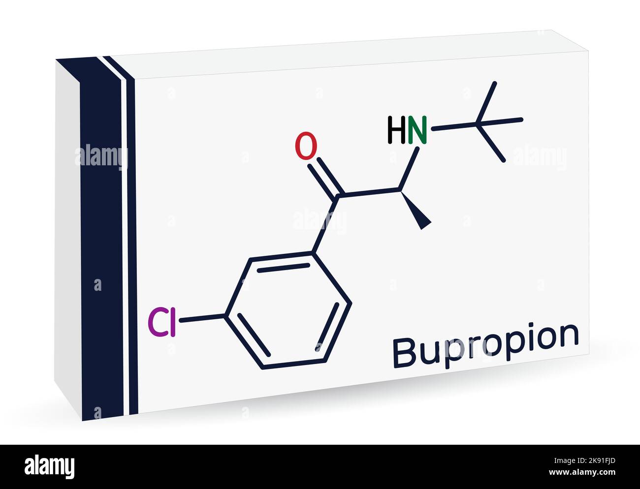 Molecola di bupropione. Formula chimica scheletrica. Imballaggi di carta per farmaci Illustrazione Vettoriale