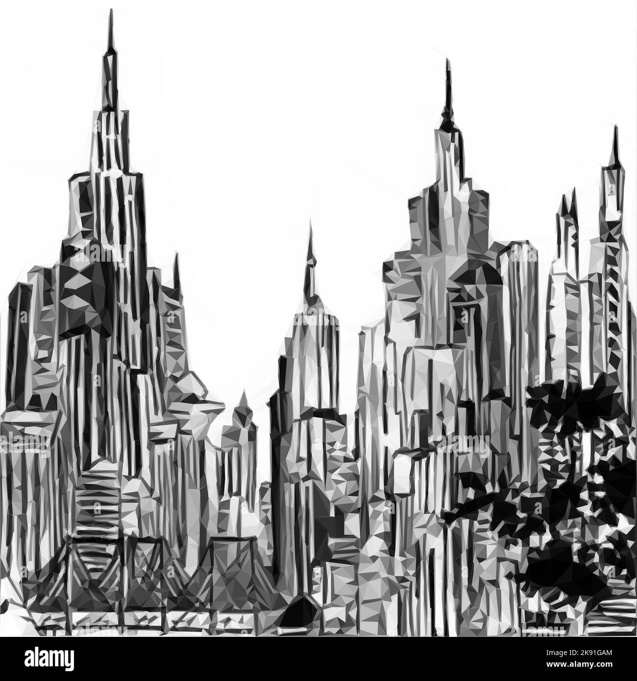 Illustrazione della città fantasy in bianco e nero. Vettore in stile Poly basso. Illustrazione Vettoriale