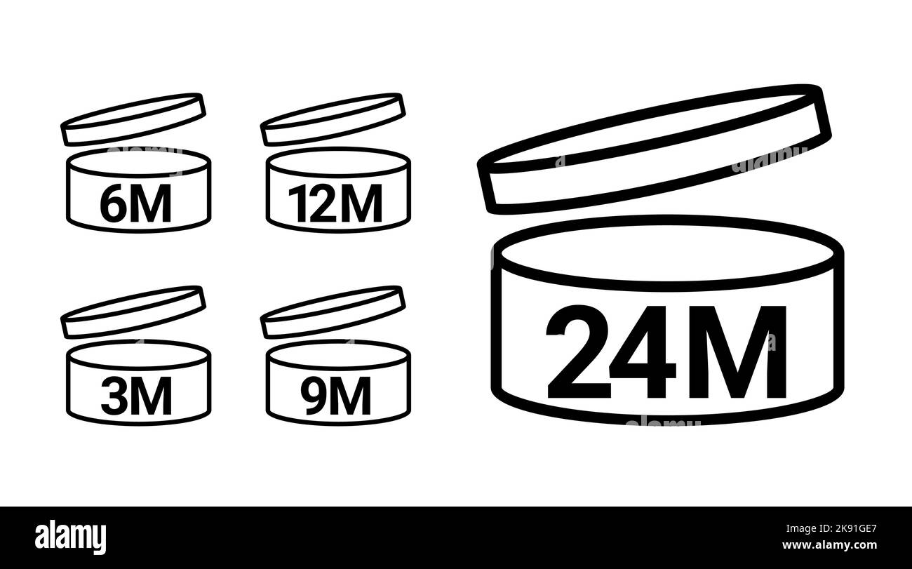 Simbolo PAO logo cosmetic life. 12 mesi 3, 6, 9 scadenza aperto vaso scadenza mese pao icona. Illustrazione Vettoriale