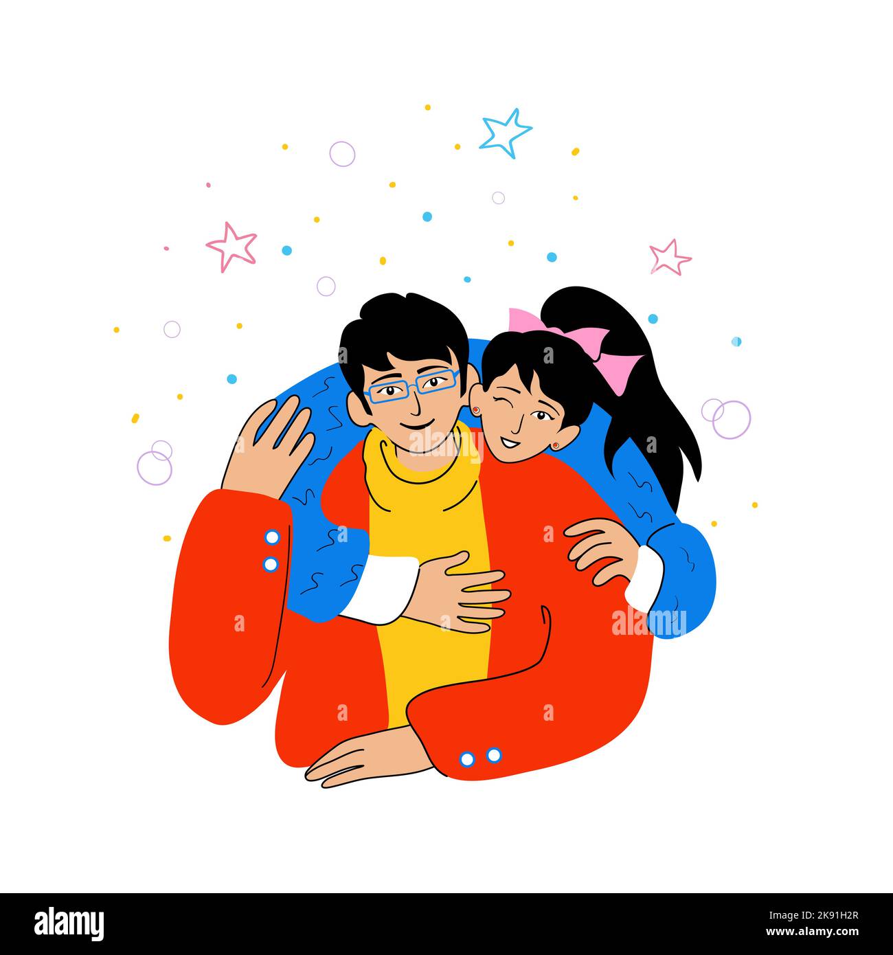 Felice famiglia asiatica, ragazza abbraccia ragazzo da dietro Illustrazione Vettoriale