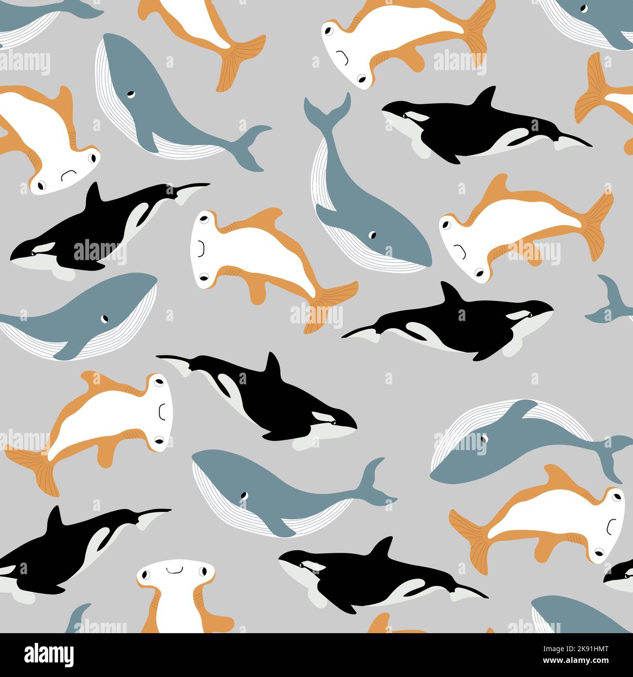 Modello vettoriale senza cuciture con balena, balena assassino, pesce testa di martello.creature cartone animato sottomarino.sfondo marino.motivo oceanico carino per il tessuto Illustrazione Vettoriale