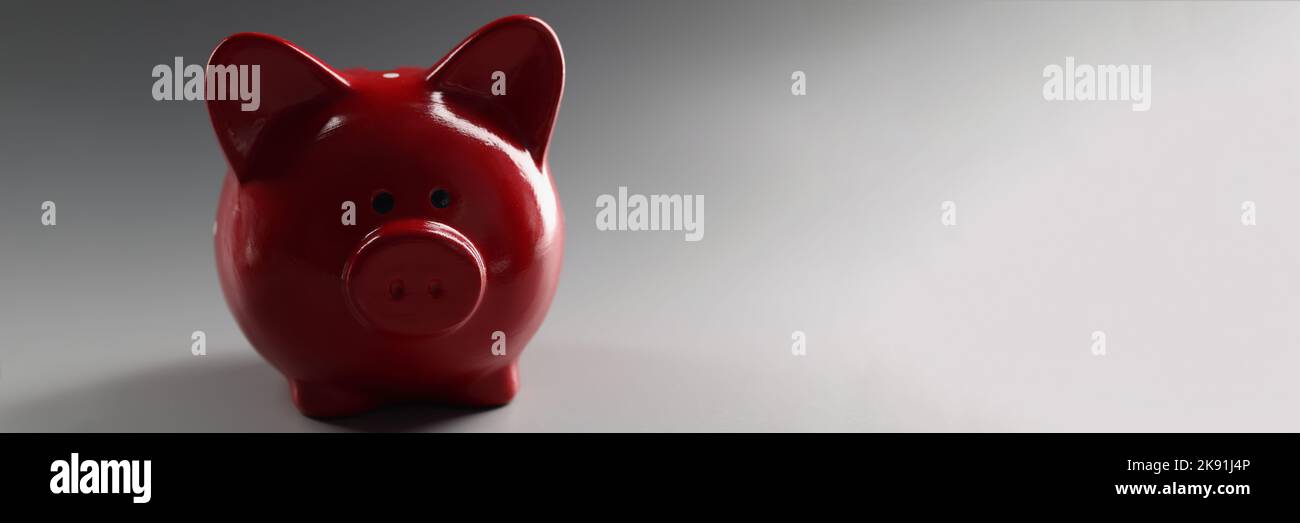 Contenitore rosso piggybank sulla superficie grigia, cosa per risparmiare denaro, animale in ceramica Foto Stock