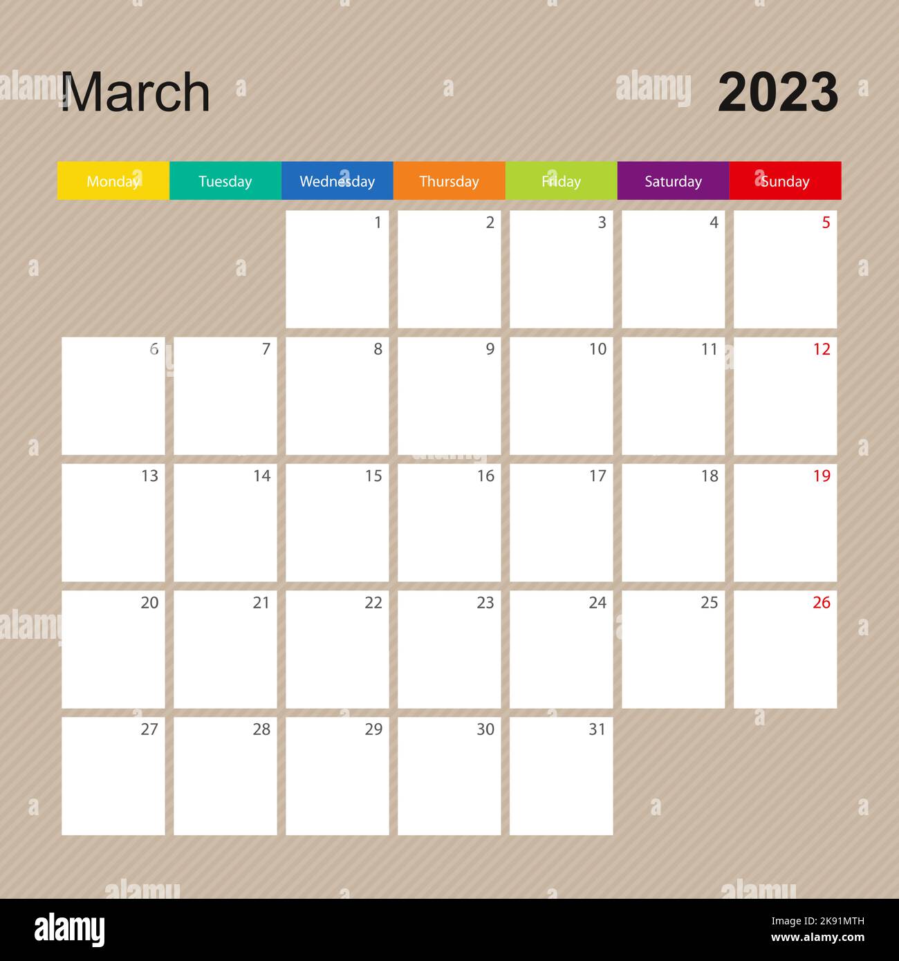 Pagina del calendario di marzo 2023, wall planner dal design colorato. La settimana inizia il lunedì. Modello di calendario vettoriale. Illustrazione Vettoriale