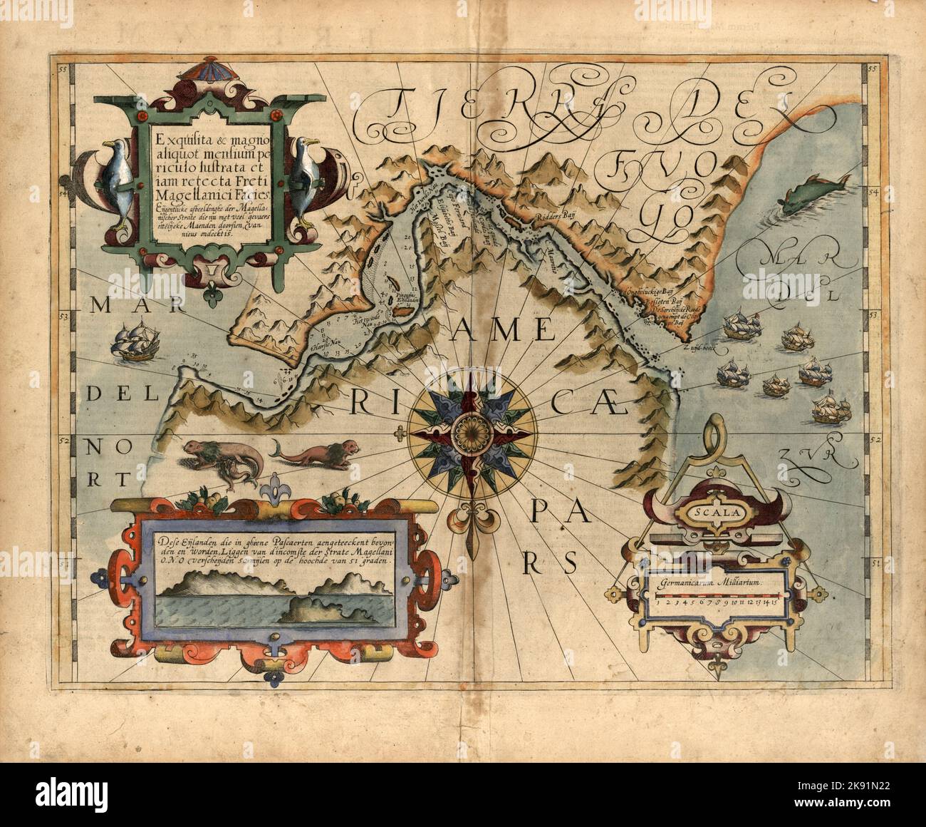 Vecchia mappa illustrata dello stretto di Magellano nel Cile meridionale dal cartografo olandese Jodocus Hondius ca. 1611 Foto Stock