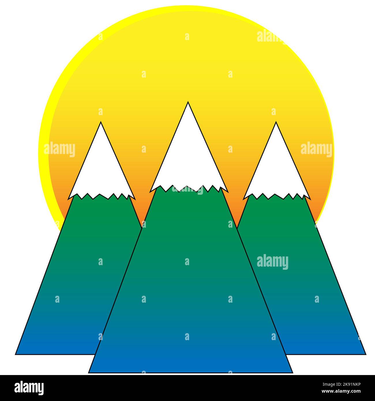 Montagne e il sole all'alba, neve in cima alle montagne, giallo e verde e blu e bianco colori, adatto per escursioni adv Foto Stock